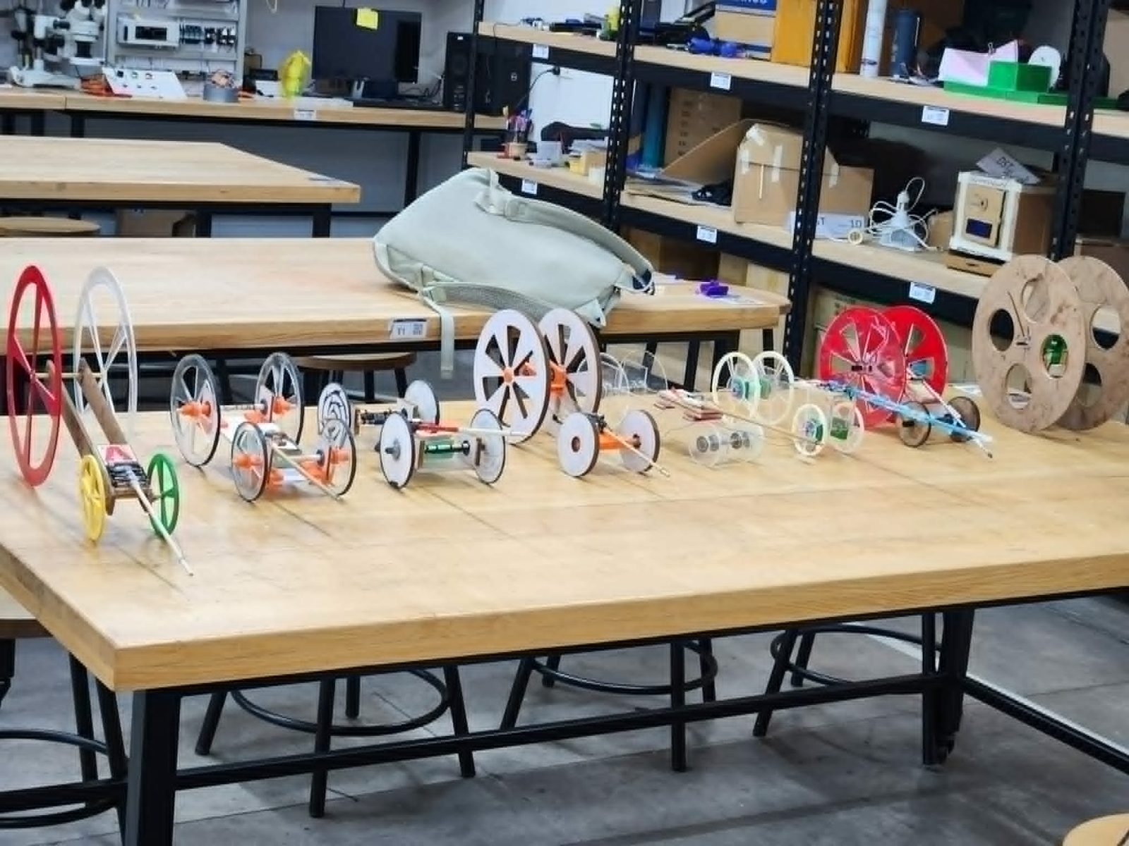 A row of prototype wheeled devices built in an engineering class
